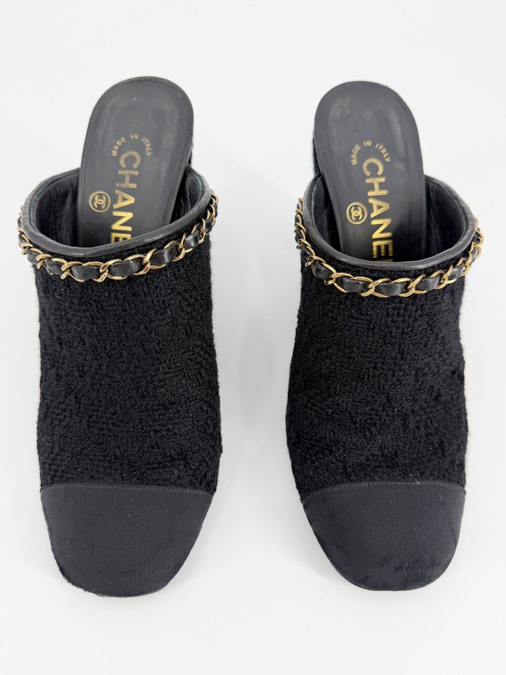 Chanel Tweed Leather Gold Chain Link Round Toe Flat Mules Slides 2017 Shoes 37